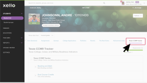 A student's profile in an educator account in Xello. The cursor is clicking the Texas CCMR Tracker tab.